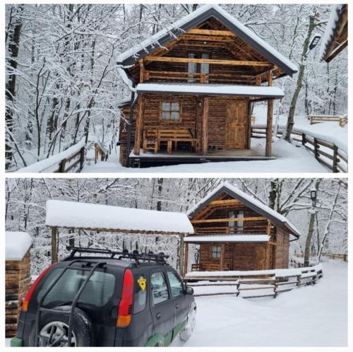 dos fotos de una cabaña de madera en la nieve en Vikendica Kozara en Kozarac