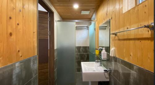 a bathroom with a sink and a mirror at Backpacker's Home in Seogwipo