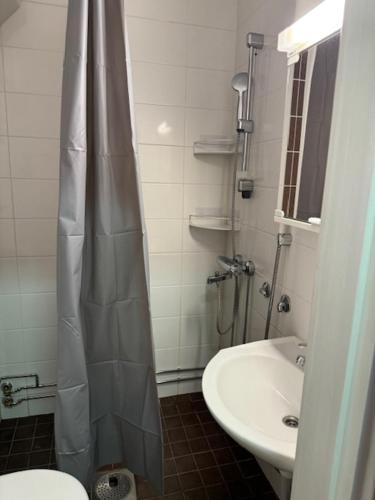 a bathroom with a shower curtain and a sink at Apartment MUMMOLA in Rovaniemi