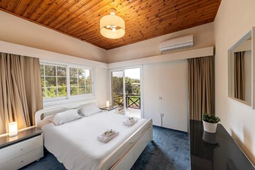 een slaapkamer met een groot wit bed en ramen bij Platres Forest Panorama Cottage in Platres