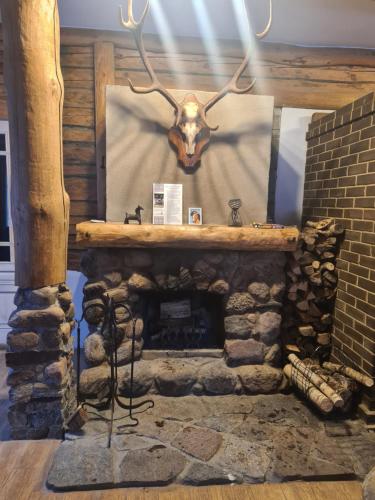 a stone fireplace with a deer skull on a wall at Zirgu sēta "Klajumi" - Horse ranch "Klajumi" in Kaplava