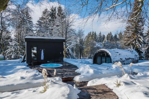 un sauna dans la neige avec des arbres enneigés dans l'établissement Domaine Des Hautes Fagnes, à Ovifat
