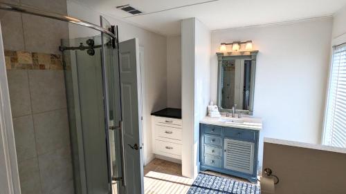 a bathroom with a shower and a sink and a mirror at 213 Ohio in Fort Myers Beach