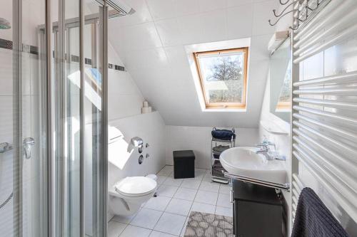 een witte badkamer met een toilet en een wastafel bij Ferienwohnung Sonnenseite Zoja Hahnenklee in Hahnenklee-Bockswiese