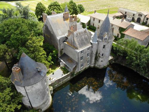eine Luftansicht einer Burg im Wasser in der Unterkunft Château de la Preuille Bed & Breakfast in Montaigu-Vendée