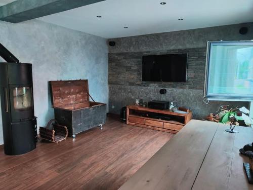 un salon avec une télévision à écran plat sur un mur dans l'établissement Le Pavillon Alsacien, à Rossfeld