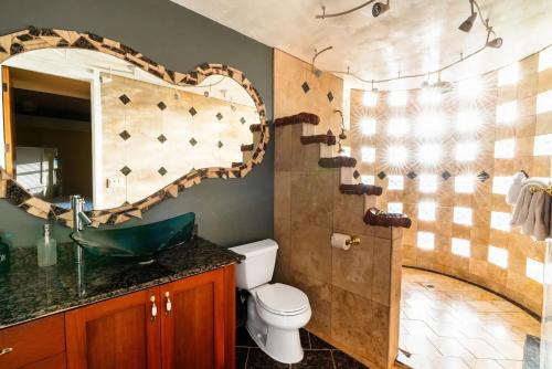 a bathroom with a sink and a mirror and a toilet at Hilo Villa w/pool- 16 guests max in Hilo