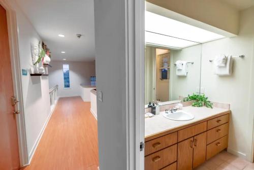 a bathroom with a sink and a mirror at Hilo Villa w/pool- 16 guests max in Hilo