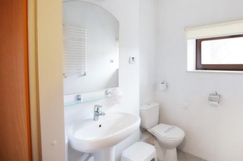 a white bathroom with a sink and a toilet at Jesienna Rezydencja in Nałęczów