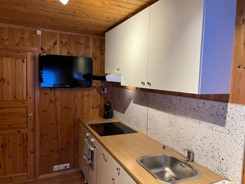 a kitchen with a sink and a tv on the wall at Apartment Grønlid in Rauland