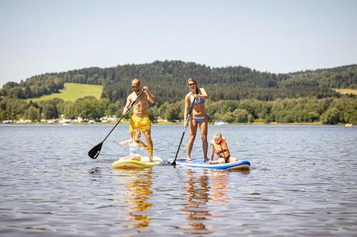 a group of three people on paddle boards on a lake at KORZO LIPNO C in Lipno nad Vltavou