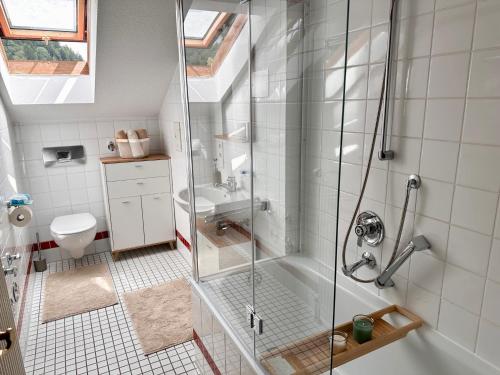 a bathroom with a shower and a toilet at Ferienwohnung Alphorn - SommerBergBahn unlimited kostenlos in Oberstdorf