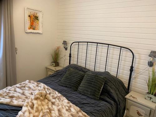 - une chambre avec un lit doté de draps bleus et d'oreillers verts dans l'établissement Chalet Sint Barbara, à Zutendaal