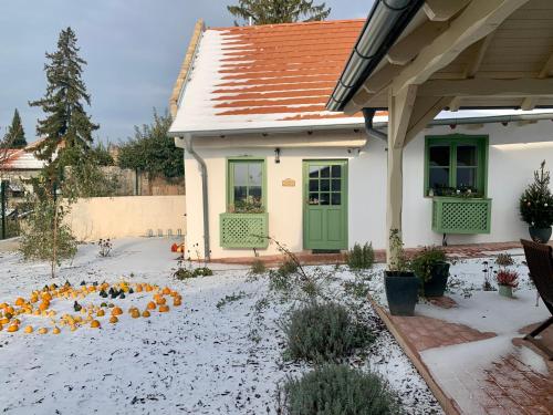 a house with a bunch of pumpkins in the snow at Pannonhalma Várlak Vendégház in Pannonhalma