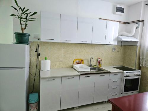 a white kitchen with a sink and a refrigerator at Apartman Juga in Kremna