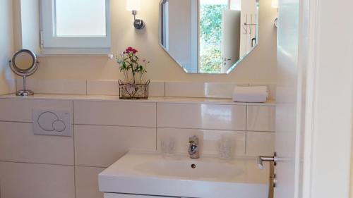 ein Bad mit einem Waschbecken und einem Spiegel in der Unterkunft Feriendorf Südstrand Haus 22 in Pelzerhaken