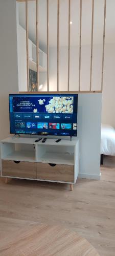 a flat screen tv sitting on top of a entertainment center at L'Ecrin Vert - 150m Restaurant 3 étoiles - Climatisation in Vonnas