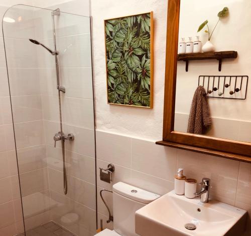 La salle de bains est pourvue d'une douche, de toilettes et d'un lavabo. dans l'établissement Rincon Botanico at Tiagua81 Cosy Studio with shared pool, à Tiagua
