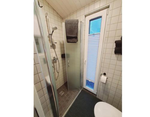 a bathroom with a shower with a toilet and a glass door at Tinyhouse Heimatglück in Bad Berleburg