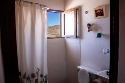 a bathroom with a shower and a toilet and a window at Cabaña Paraíso Cachi in Cachí