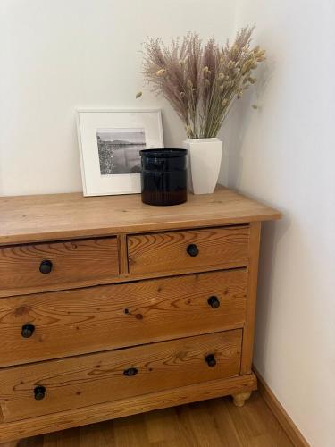 a wooden dresser with a picture and a plant on it at ALPEN WOHLFÜHLQUARTIER in Bayersoien