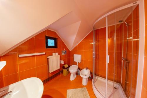 a bathroom with two toilets and a shower and a sink at Camere de închiriat Larisa in Moieciu de Sus