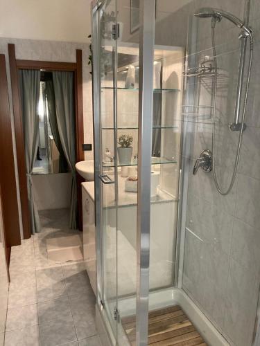 a bathroom with a shower and a sink at CASA DI MANU e DADO in Vimodrone