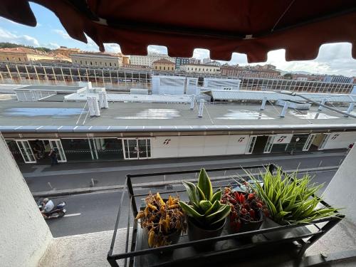 a view of a building with plants on a balcony at B&B La Fenice in Bologna