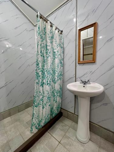 łazienka z umywalką i zasłoną prysznicową w obiekcie Paty’s house w mieście San Pedro Sula