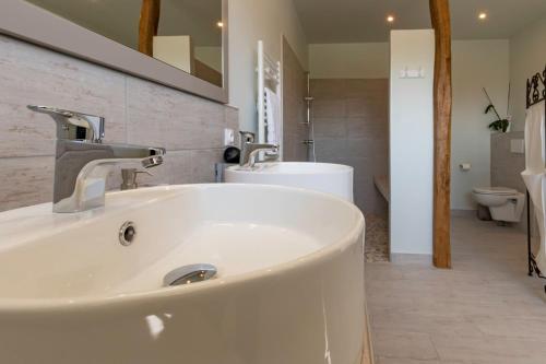 a white sink in a bathroom with two toilets at GITE ENTRE TERRES ET VIGNES à la ferme avec SPA privatif en CHAMPAGNE à une heure de Paris in Châtillon-sur-Morin