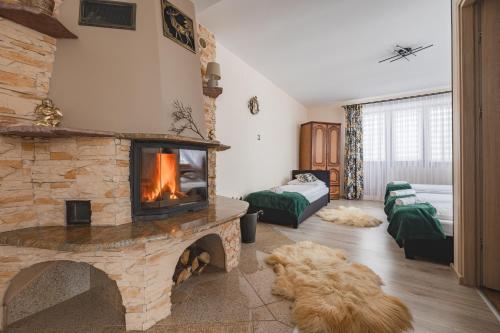 una sala de estar con una chimenea de piedra y un perro en Wilczkowe Izby, en Leśnica