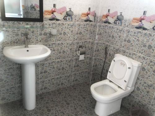 a bathroom with a sink and a toilet and a mirror at skyresort in Tangalle