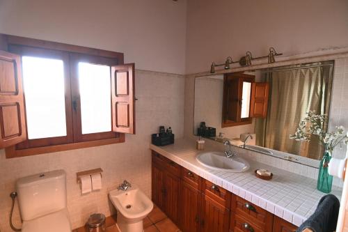 uma casa de banho com um lavatório, um WC e um espelho. em Armonía y naturaleza: La Cañada em Cenizate