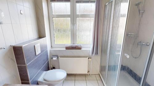 a bathroom with a toilet and a window and a shower at Grüntal-Residenz Haus II App. 5 in Grömitz
