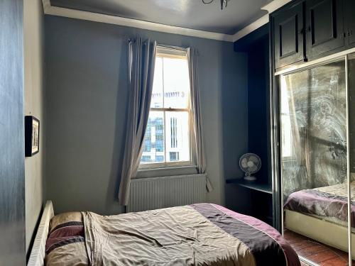 ロンドンにあるEversholt Streetの青い壁のベッドルーム1室、窓付きのベッド1台が備わります。