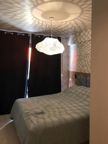 - une chambre avec un lit et une lampe suspendue au plafond dans l'établissement Superbe Appartement Cannes - 50m2 & Terrasse - Très Proche Croisette, à Cannes