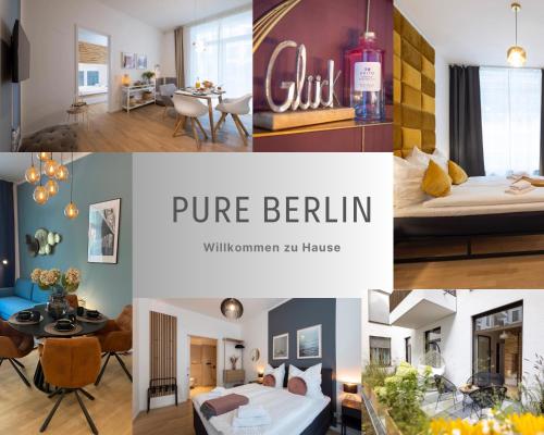 Pure Berlin Apartments - Luxury at Pure Living in City Center في برلين: مجموعة من الصور لغرفة نوم وغرفة معيشة