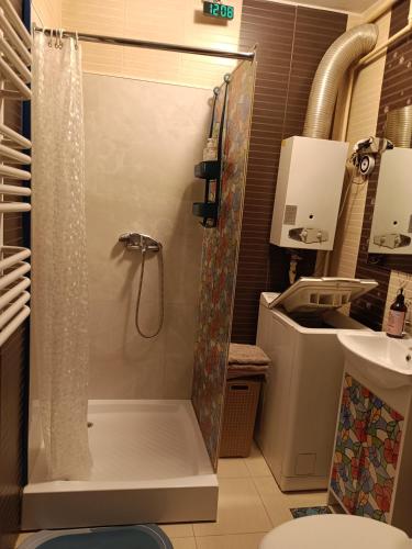 a bathroom with a shower and a sink at Centrum ul Budowlanych 10 dwa łóżka w kawalerce in Piła