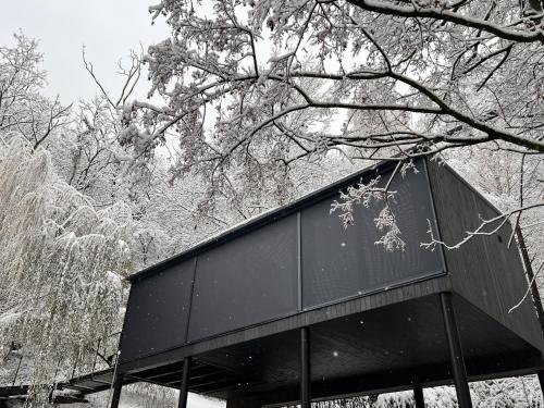 a black building sitting under a tree in the snow at Blackbox House Noszvaj in Noszvaj