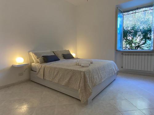 een witte slaapkamer met een groot bed met 2 lampen bij La casa di Eva e Zoe in Albano Laziale