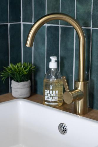 - un lavabo dans la salle de bains avec une bouteille de savon dans l'établissement Superbe Suite Bali – Écran cinéma – Clim – Béziers, à Béziers