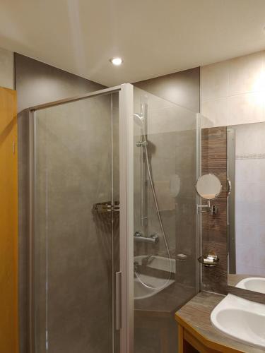 a glass shower in a bathroom with a sink at Haus Enzian in Sankt Leonhard im Pitztal