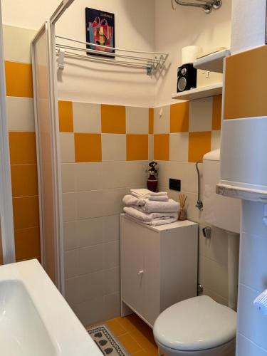 uma casa de banho com um WC e um chuveiro em Gina's Home - Appartamento nel cuore di Bardonecchia em Bardonecchia