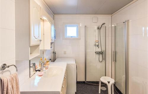 a white bathroom with a shower and a sink at Stunning Home In gotnes With Kitchen in Ågotnes