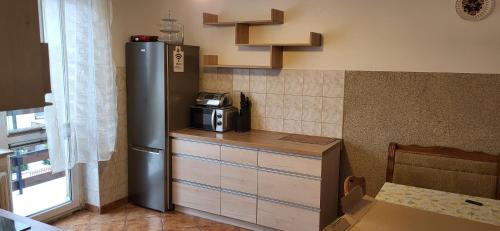 烏斯特卡的住宿－Apartament na Różanej II，厨房配有冰箱和带微波炉的台面