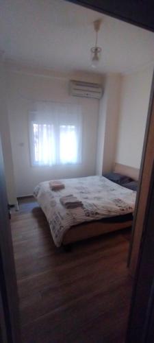 1 dormitorio con 1 cama en una habitación con ventana en Athens Center Cosy Apartment, en Atenas