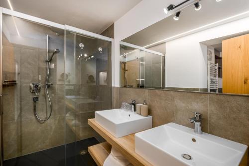 盧松的住宿－Pardellerhof Appartment Runcada，一间带水槽和淋浴的浴室