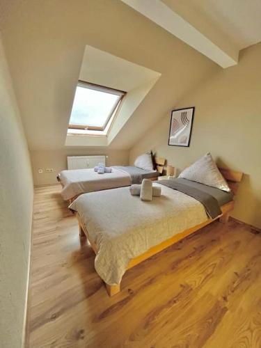 a bedroom with two beds and a skylight at Dortmund City Wohnung 85/7 in Dortmund
