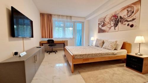 1 dormitorio con 1 cama y TV de pantalla plana en Apartman Laki, en Tošin Bunar