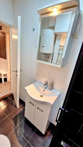a bathroom with a white sink and a mirror at Apartman Laki in Tošin Bunar